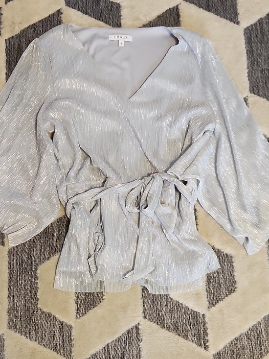 Chaus Tops - Chaus Light Silver Blue Metallic Pleated Wrap Blouse with Tie